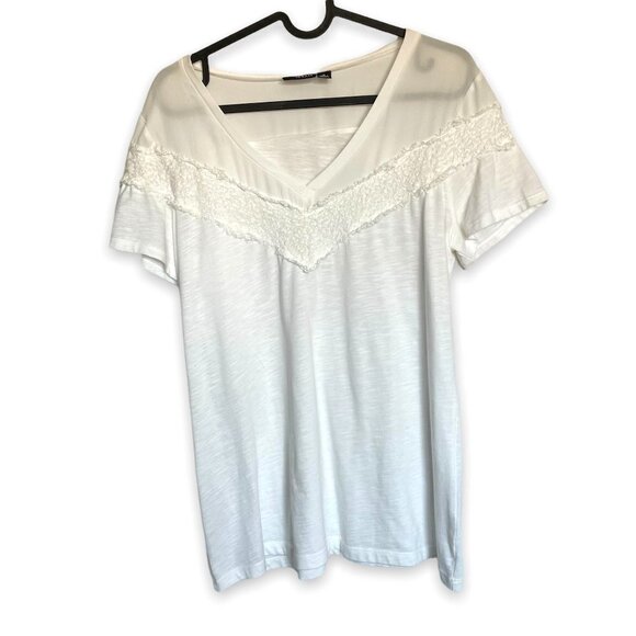 a.n.a. Women's Short Sleeve V-Neck White Tee With Sheer Yoke and Sleeve  Medium - Picture 1 of 7
